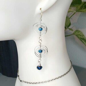 Boho Statement Cobalt Blue Dangle Earrings, Glass Beaded, Artisan 3.5"